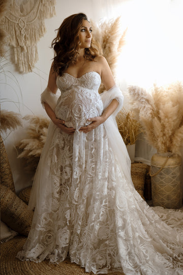 Mqtime Elegant Maternity Rose Floral Lace Dress For Photoshoot Photography Props Outfit Maxi Gown Pregnancy Babyshower Fotoshooting